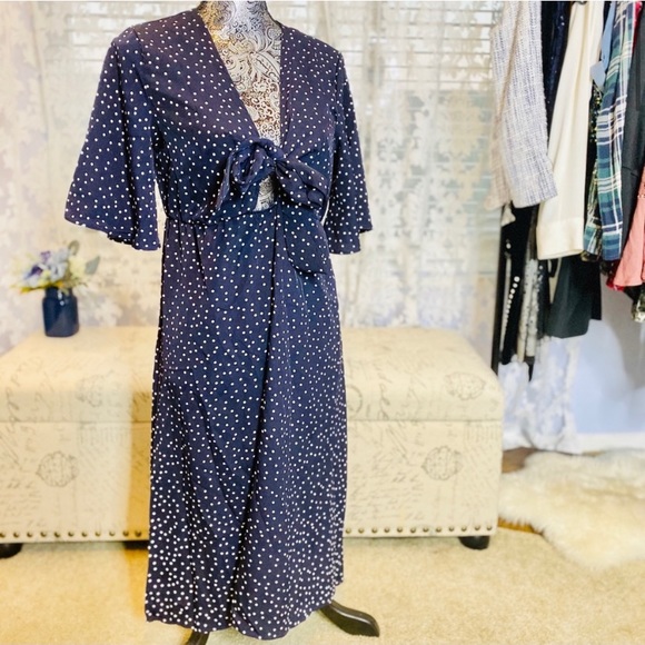 Boho Blue and White Polka Dot Tie Front Midi Dress - Picture 5 of 7